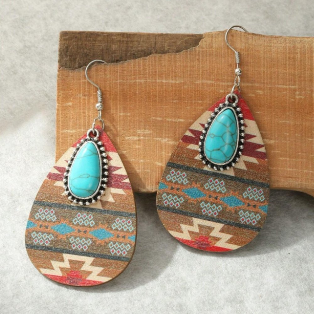 Boho Southwestern Turquoise & Tribal Aztec Wood Teardrop Dangle Earrings NEW - Picture 2 of 9
